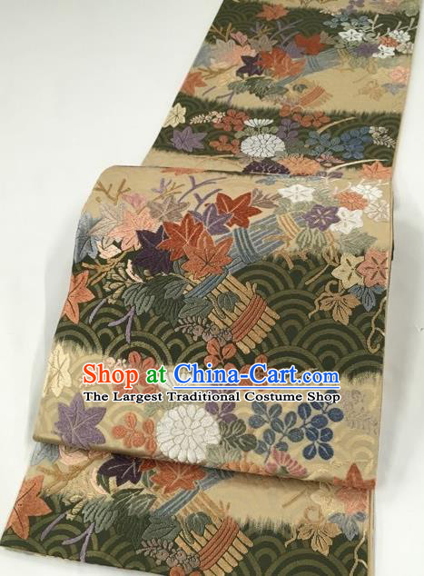 Traditional Japanese Classical Maple Leaf Pattern Atrovirens Nishijin Waistband Kimono Brocade Accessories Yukata Belt for Women