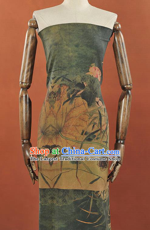 Chinese Traditional Lotus Bird Pattern Design Atrovirens Gambiered Guangdong Gauze Asian Brocade Silk Fabric