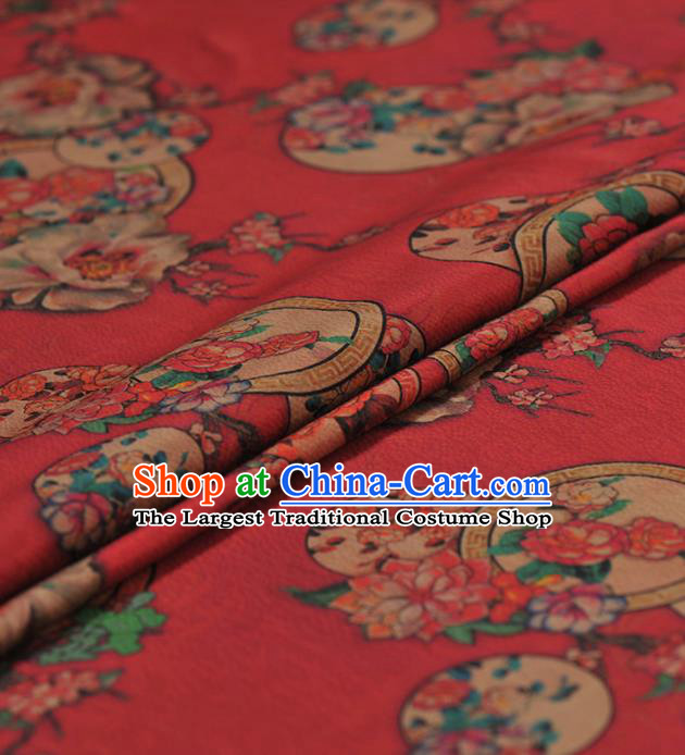 Chinese Traditional Classical Peach Blossom Pattern Design Red Gambiered Guangdong Gauze Asian Brocade Silk Fabric