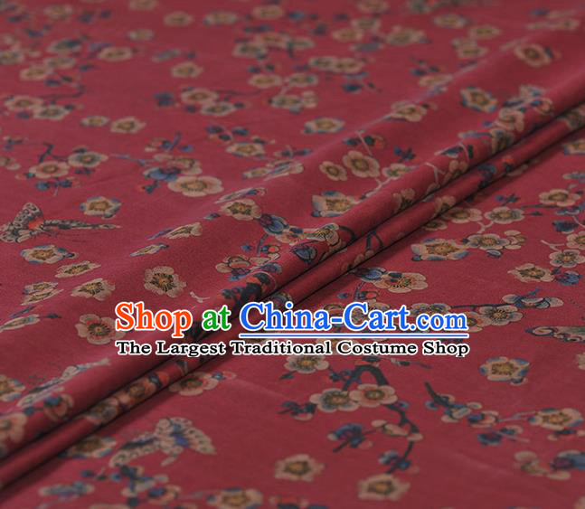 Chinese Traditional Classical Wintersweet Butterfly Pattern Design Wine Red Gambiered Guangdong Gauze Asian Brocade Silk Fabric