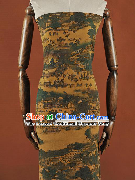 Chinese Traditional Classical Changan View Pattern Design Yellow Gambiered Guangdong Gauze Asian Brocade Silk Fabric
