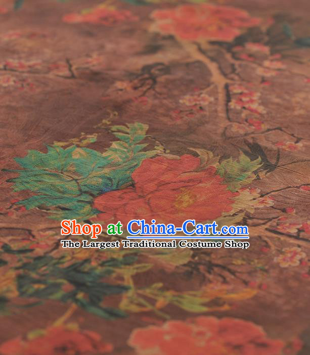 Chinese Traditional Peony Wintersweet Pattern Design Brown Gambiered Guangdong Gauze Asian Brocade Silk Fabric