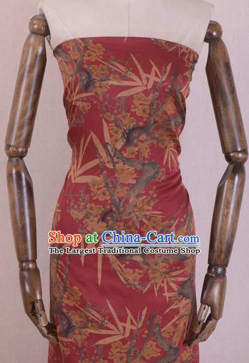 Chinese Classical Bamboo Plum Blossom Pattern Design Wine Red Gambiered Guangdong Gauze Traditional Asian Brocade Silk Fabric