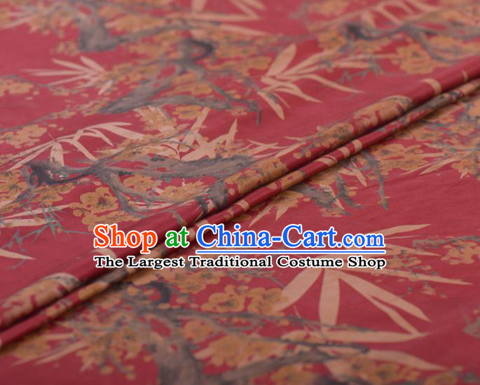 Chinese Classical Bamboo Plum Blossom Pattern Design Wine Red Gambiered Guangdong Gauze Traditional Asian Brocade Silk Fabric