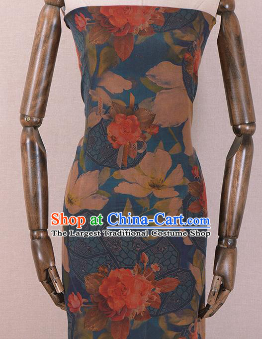 Chinese Classical Roses Pattern Design Blue Gambiered Guangdong Gauze Traditional Asian Brocade Silk Fabric