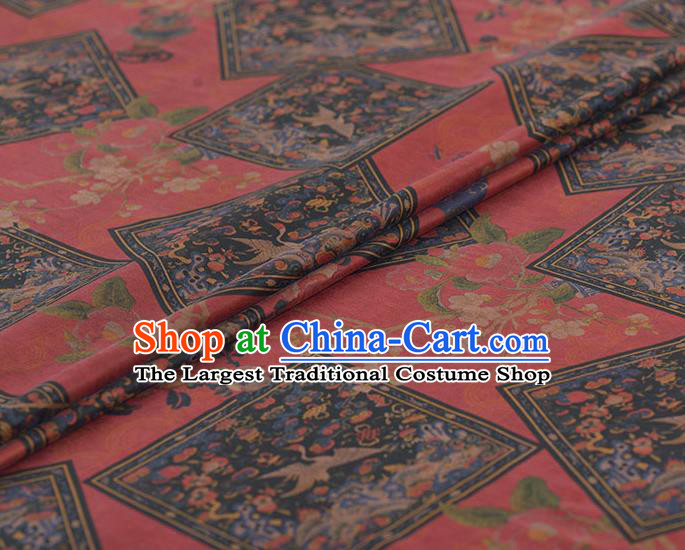 Asian Chinese Classical Cranes Wintersweet Pattern Design Red Gambiered Guangdong Gauze Traditional Cheongsam Brocade Silk Fabric