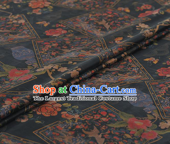 Asian Chinese Classical Cranes Wintersweet Pattern Design Black Gambiered Guangdong Gauze Traditional Cheongsam Brocade Silk Fabric