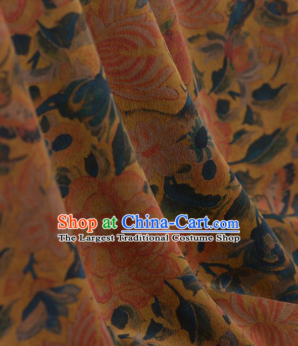 Asian Chinese Classical Chrysanthemum Peony Wintersweet Pattern Yellow Gambiered Guangdong Gauze Traditional Cheongsam Brocade Silk Fabric