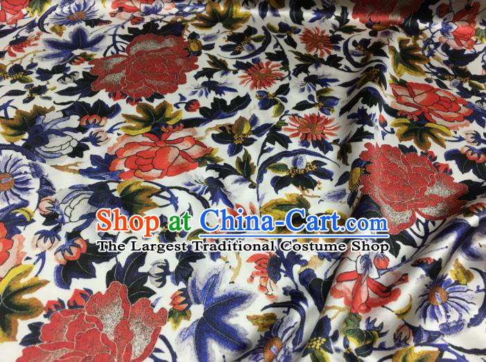 Asian Chinese Classical Peony Pattern White Brocade Satin Drapery Traditional Cheongsam Brocade Silk Fabric