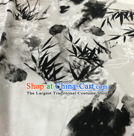 Asian Chinese Classical Bamboo Lotus Pattern White Brocade Satin Drapery Traditional Cheongsam Brocade Silk Fabric