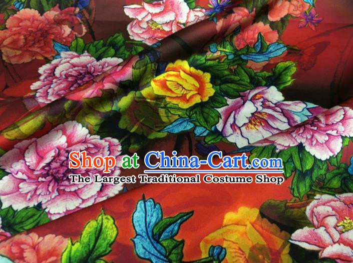 Asian Chinese Classical Peony Pattern Red Brocade Satin Drapery Traditional Cheongsam Brocade Silk Fabric