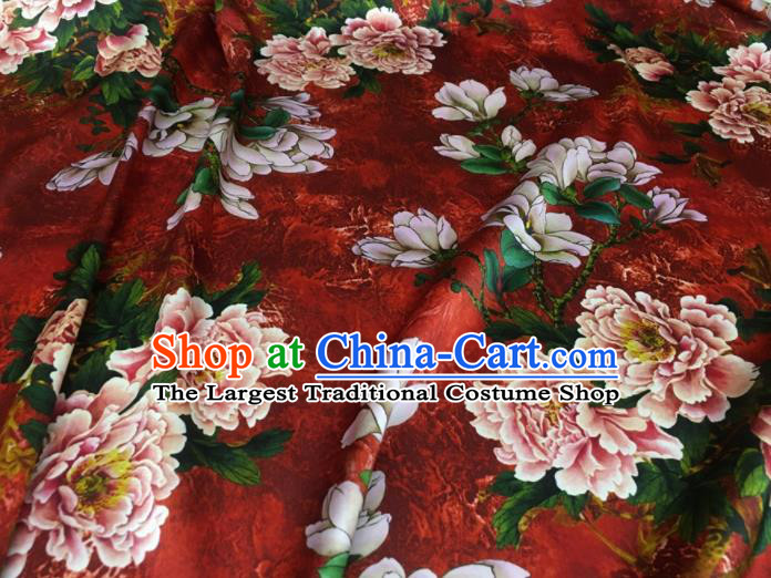 Asian Chinese Classical Peony Magnolia Pattern Red Brocade Satin Drapery Traditional Cheongsam Brocade Silk Fabric