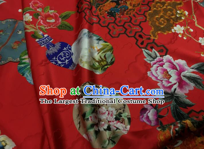 Asian Chinese Classical Dragon Peony Pattern Red Brocade Satin Drapery Traditional Cheongsam Brocade Silk Fabric