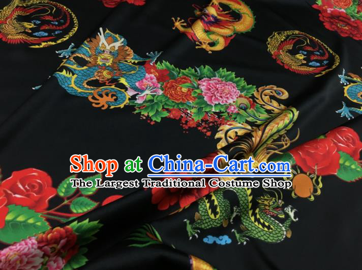 Asian Chinese Classical Dragon Peony Pattern Black Brocade Satin Drapery Traditional Cheongsam Brocade Silk Fabric