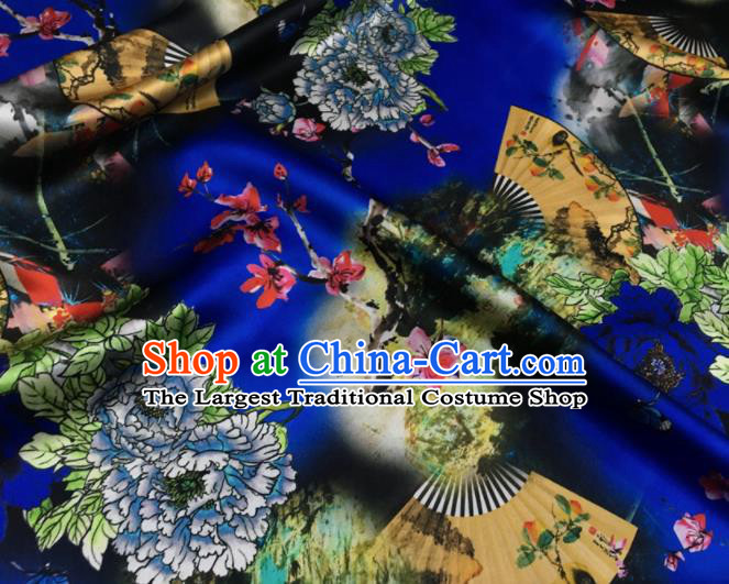 Asian Chinese Classical Peony Fan Pattern Royalblue Brocade Satin Drapery Traditional Cheongsam Brocade Silk Fabric