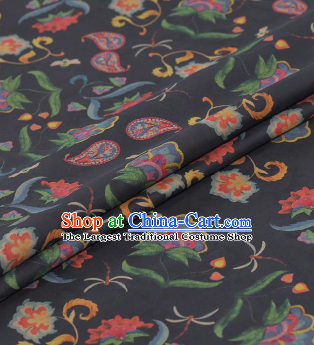 Asian Chinese Classical Flowers Pattern Black Gambiered Guangdong Gauze Traditional Cheongsam Brocade Silk Fabric