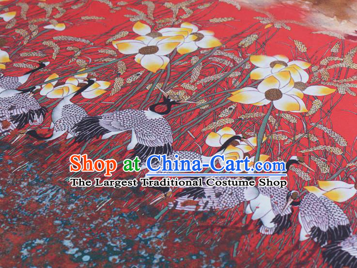 Asian Chinese Classical Cranes Lotus Pattern Red Gambiered Guangdong Gauze Traditional Cheongsam Brocade Silk Fabric