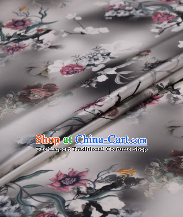 Asian Chinese Classical Flowers Pattern Grey Gambiered Guangdong Gauze Traditional Cheongsam Brocade Silk Fabric