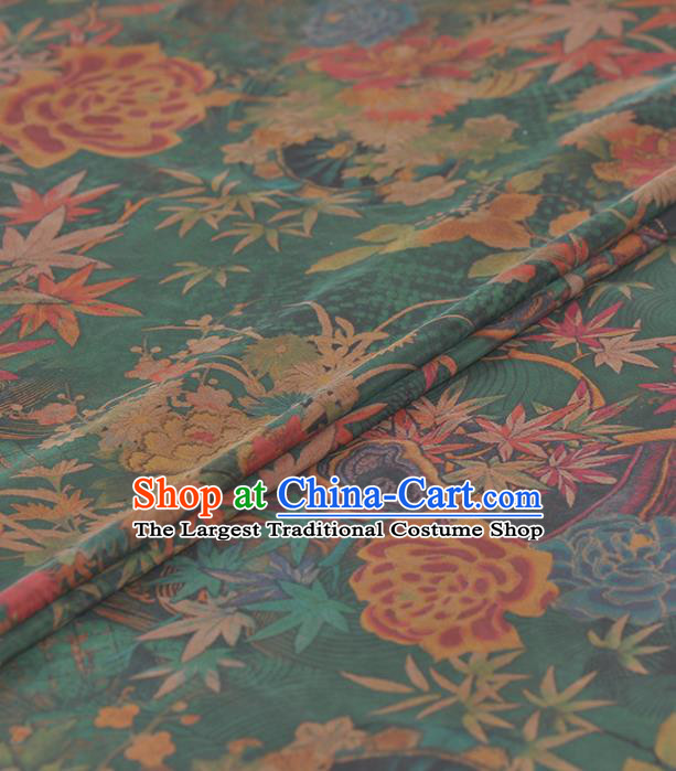 Asian Chinese Classical Maple Leaf Peony Pattern Green Gambiered Guangdong Gauze Traditional Cheongsam Brocade Silk Fabric