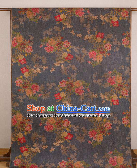 Asian Chinese Classical Peony Flowers Pattern Navy Gambiered Guangdong Gauze Traditional Cheongsam Brocade Silk Fabric