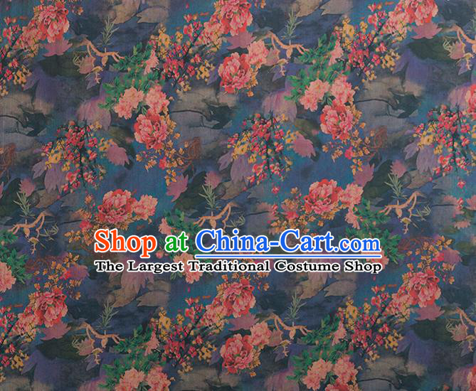Asian Chinese Classical Peony Pattern Navy Brocade Satin Drapery Traditional Cheongsam Brocade Silk Fabric