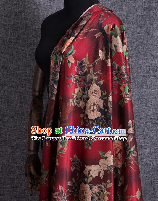Asian Chinese Classical Plum Peony Pattern Wine Red Brocade Satin Drapery Traditional Cheongsam Brocade Silk Fabric