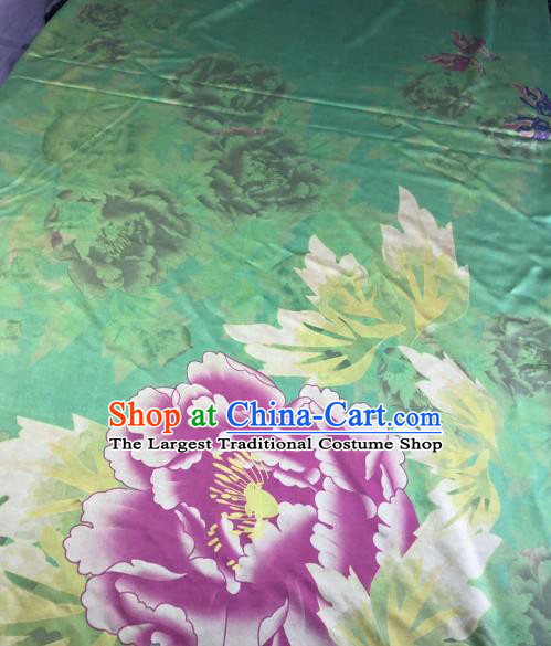 Asian Chinese Classical Peony Pattern Green Satin Drapery Gambiered Guangdong Gauze Brocade Traditional Cheongsam Brocade Silk Fabric