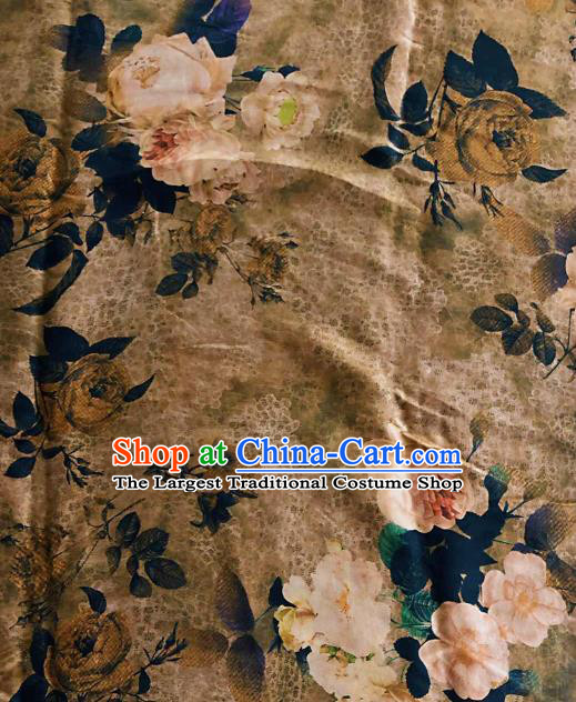 Asian Chinese Classical Roses Pattern Khaki Satin Drapery Gambiered Guangdong Gauze Brocade Traditional Cheongsam Brocade Silk Fabric