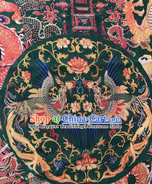 Asian Chinese Classical Phoenix Peony Pattern Atrovirens Satin Drapery Gambiered Guangdong Gauze Brocade Traditional Cheongsam Brocade Silk Fabric