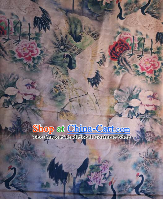Asian Chinese Classical Cranes Peony Pattern White Satin Drapery Gambiered Guangdong Gauze Brocade Traditional Cheongsam Brocade Silk Fabric