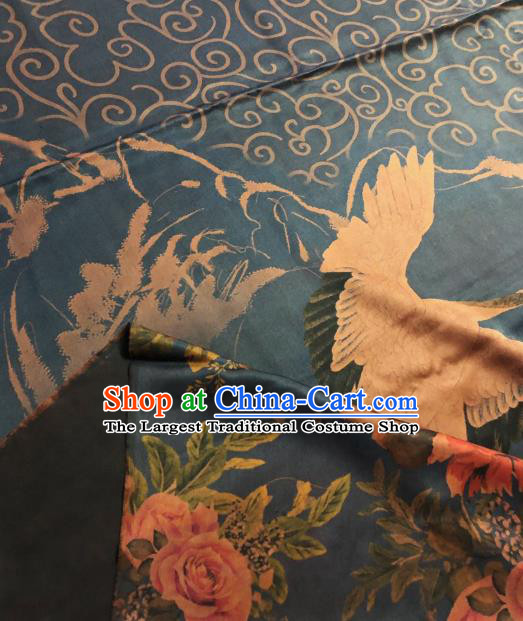 Asian Chinese Classical Crane Roses Pattern Navy Satin Drapery Gambiered Guangdong Gauze Brocade Traditional Cheongsam Brocade Silk Fabric