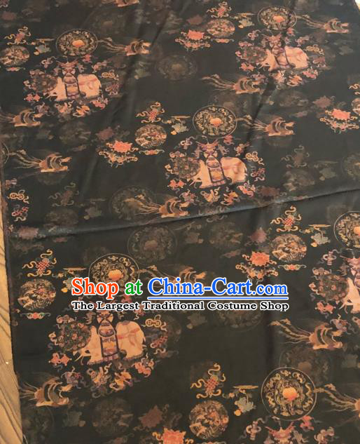 Asian Chinese Classical Elephant Pattern Black Satin Drapery Gambiered Guangdong Gauze Brocade Traditional Cheongsam Brocade Silk Fabric