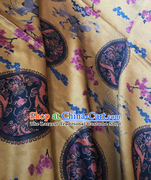 Asian Chinese Classical Plum Cranes Pattern Yellow Satin Drapery Gambiered Guangdong Gauze Brocade Traditional Cheongsam Brocade Silk Fabric