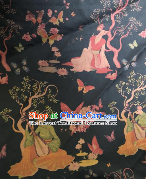 Asian Chinese Classical Beauty Pattern Navy Satin Drapery Gambiered Guangdong Gauze Brocade Traditional Cheongsam Brocade Silk Fabric