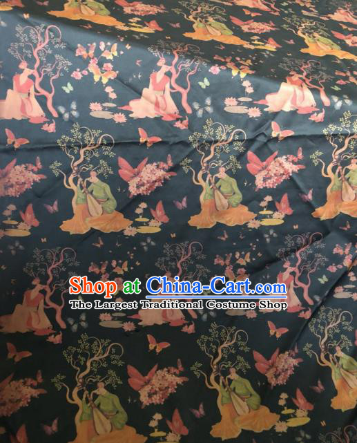 Asian Chinese Classical Beauty Pattern Navy Satin Drapery Gambiered Guangdong Gauze Brocade Traditional Cheongsam Brocade Silk Fabric