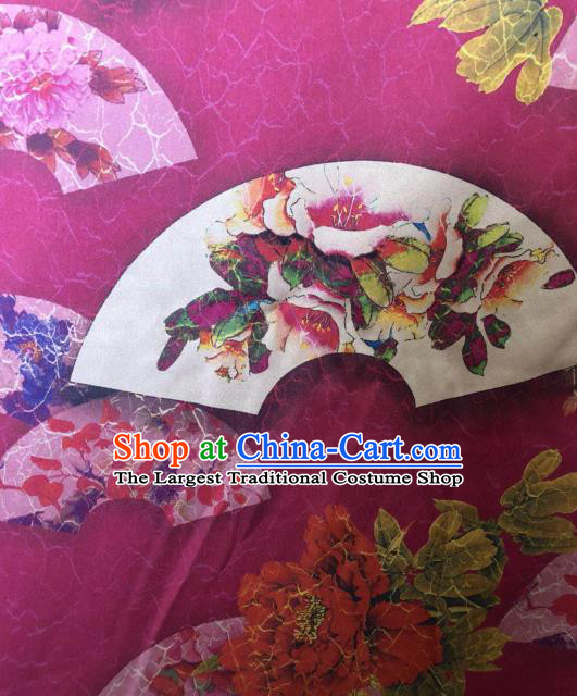 Asian Chinese Classical Peony Fan Pattern Rosy Satin Drapery Gambiered Guangdong Gauze Brocade Traditional Cheongsam Brocade Silk Fabric