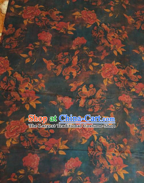 Asian Chinese Classical Peony Butterfly Pattern Atrovirens Satin Drapery Gambiered Guangdong Gauze Brocade Traditional Cheongsam Brocade Silk Fabric