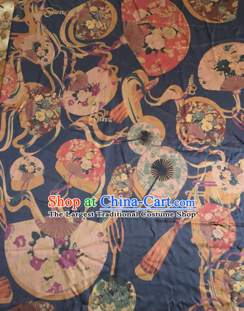 Asian Chinese Classical Fans Pattern Navy Satin Drapery Gambiered Guangdong Gauze Brocade Traditional Cheongsam Brocade Silk Fabric
