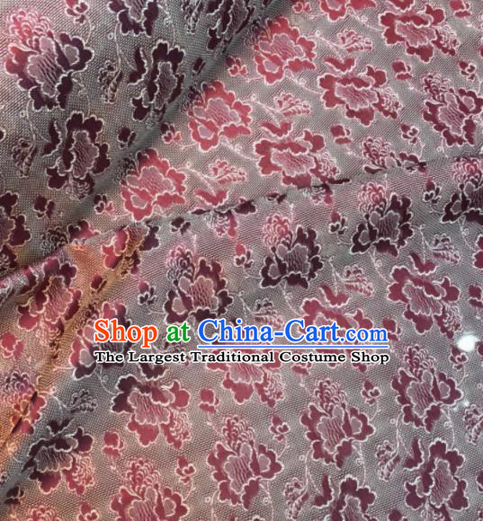 Asian Chinese Classical Peony Pattern Amaranth Satin Drapery Gambiered Guangdong Gauze Brocade Traditional Cheongsam Brocade Silk Fabric