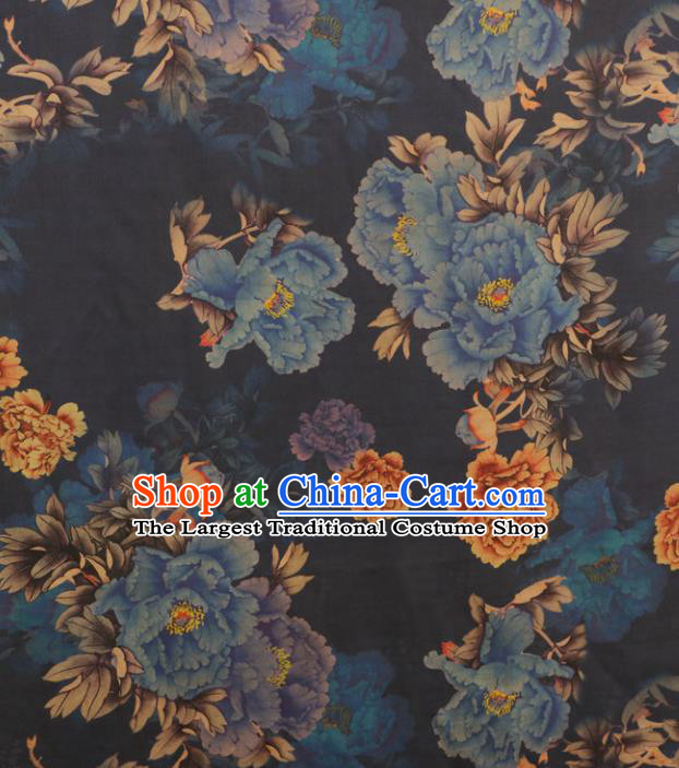 Asian Chinese Classical Blue Peony Pattern Gambiered Guangdong Gauze Satin Drapery Brocade Traditional Cheongsam Brocade Silk Fabric