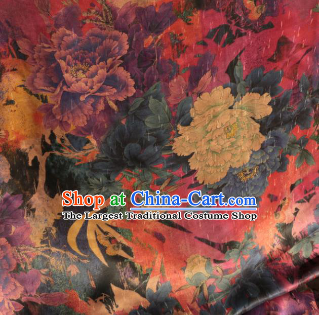 Asian Chinese Classical Peony Pattern Rosy Gambiered Guangdong Gauze Satin Drapery Brocade Traditional Cheongsam Brocade Silk Fabric