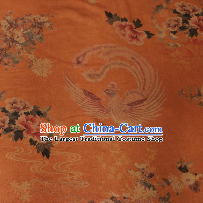 Asian Chinese Classical Phoenix Peony Pattern Orange Gambiered Guangdong Gauze Satin Drapery Brocade Traditional Cheongsam Brocade Silk Fabric