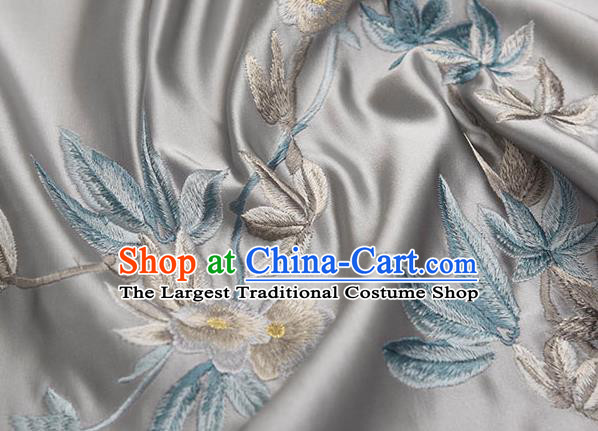 Asian Chinese Cheongsam Classical Embroidered Plum Pattern Grey Satin Drapery Brocade Traditional Brocade Silk Fabric
