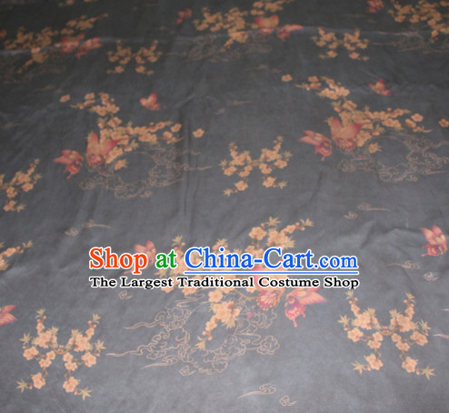 Chinese Traditional Cheongsam Classical Plum Butterfly Pattern Black Gambiered Guangdong Gauze Asian Satin Drapery Brocade Silk Fabric