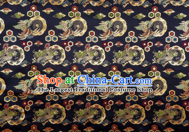 Japanese Traditional Kimono Classical Dragons Pattern Navy Brocade Asian Japan Satin Drapery Silk Fabric