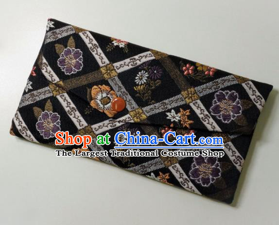 Japanese Traditional Classical Sakura Pattern Black Brocade Handbag Asian Japan Nishijin Satin Bags Wallet