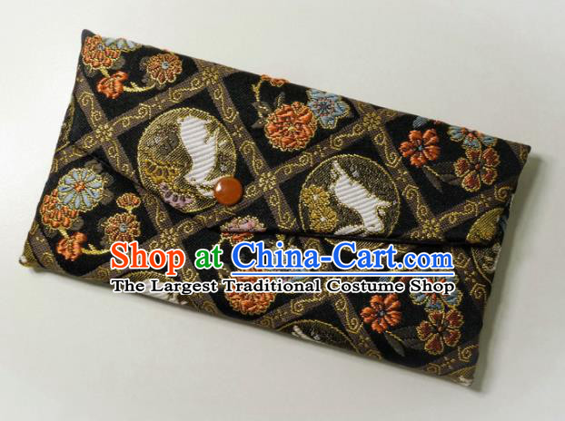 Japanese Traditional Classical Orchid Rabbits Pattern Black Brocade Handbag Asian Japan Nishijin Satin Bags Wallet