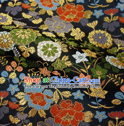 Japanese Traditional Kimono Classical Peony Pattern Black Brocade Damask Asian Japan Satin Drapery Silk Fabric