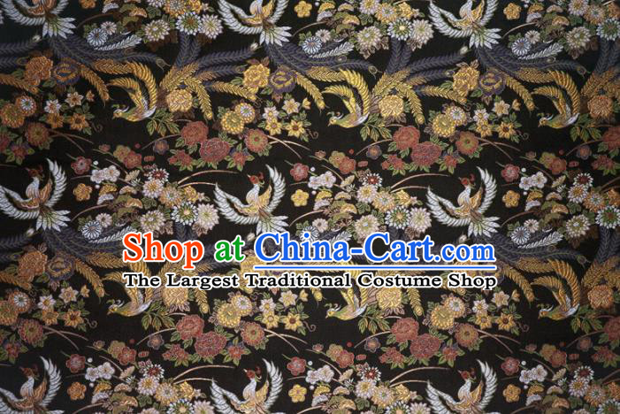 Japanese Traditional Kimono Classical Phoenix Peony Pattern Black Brocade Damask Asian Japan Satin Drapery Silk Fabric