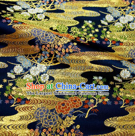Japanese Traditional Kimono Classical Peony Daisy Pattern Navy Brocade Damask Asian Japan Nishijin Satin Drapery Silk Fabric